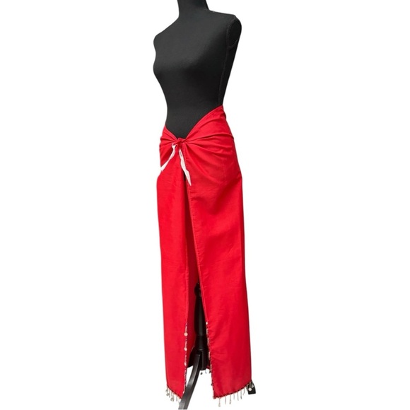 Handmade Red Beaded Coin Trim Wrap Skirt Cape OS Costume Boho Festival Sarong - Picture 10 of 12